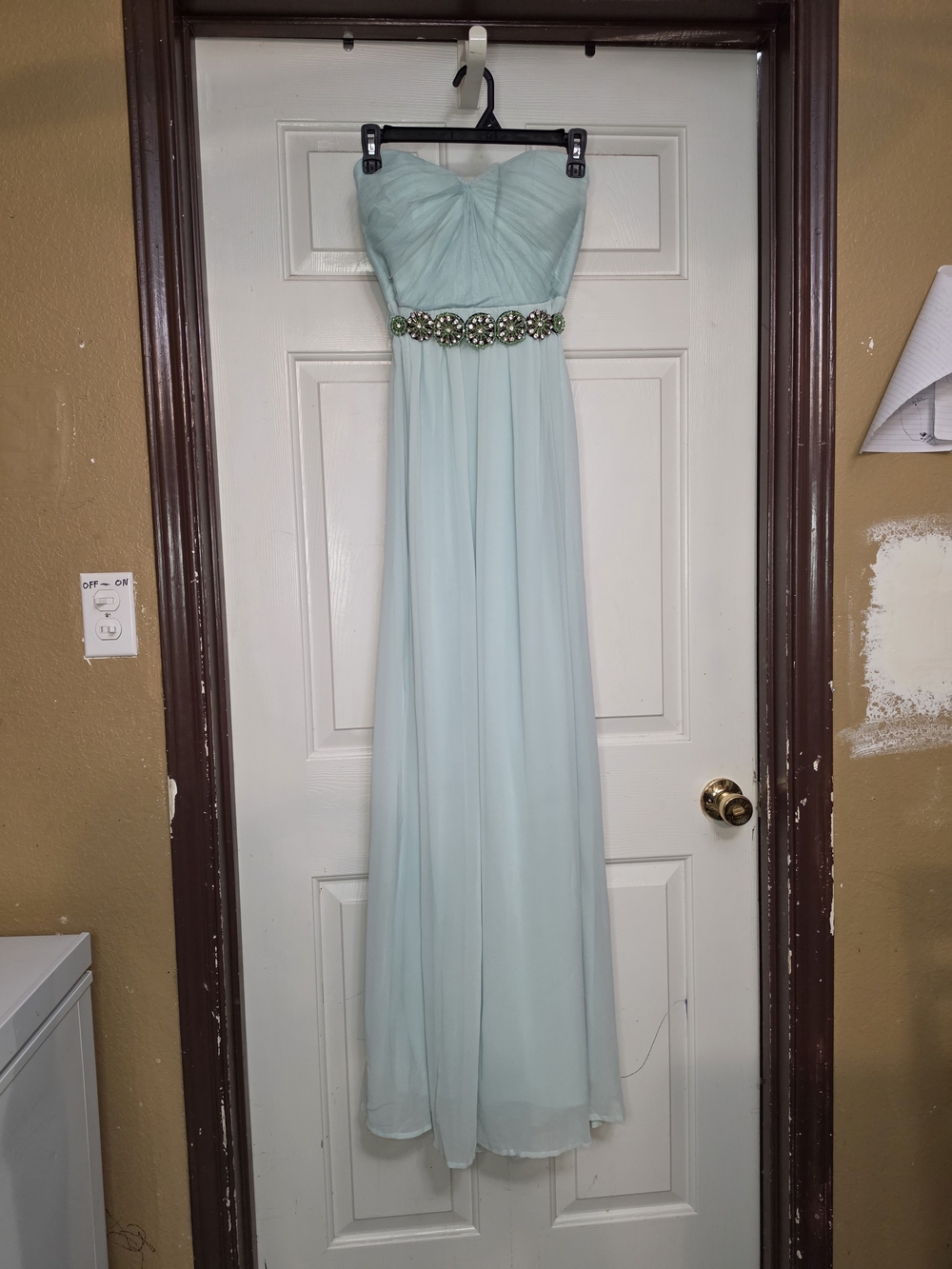 Soieblu Strapless Pale Green Aqua Chiffon Gown with Jeweled Waist
